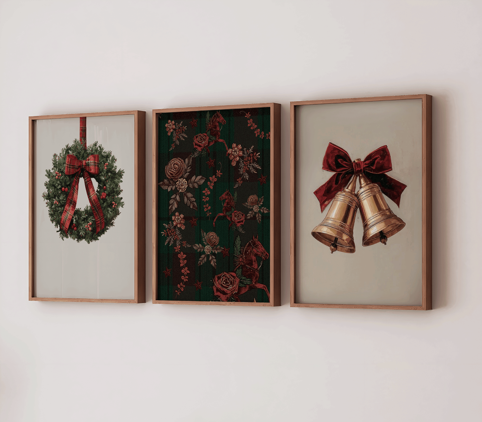 Set of 3 vintage Ralph Lauren–inspired Christmas gallery wall featuring gold bells, tartan plaid heritage horse artwork, and a classic wreath with red ribbon, styled above a bench beside a Christmas tree in warm holiday decor