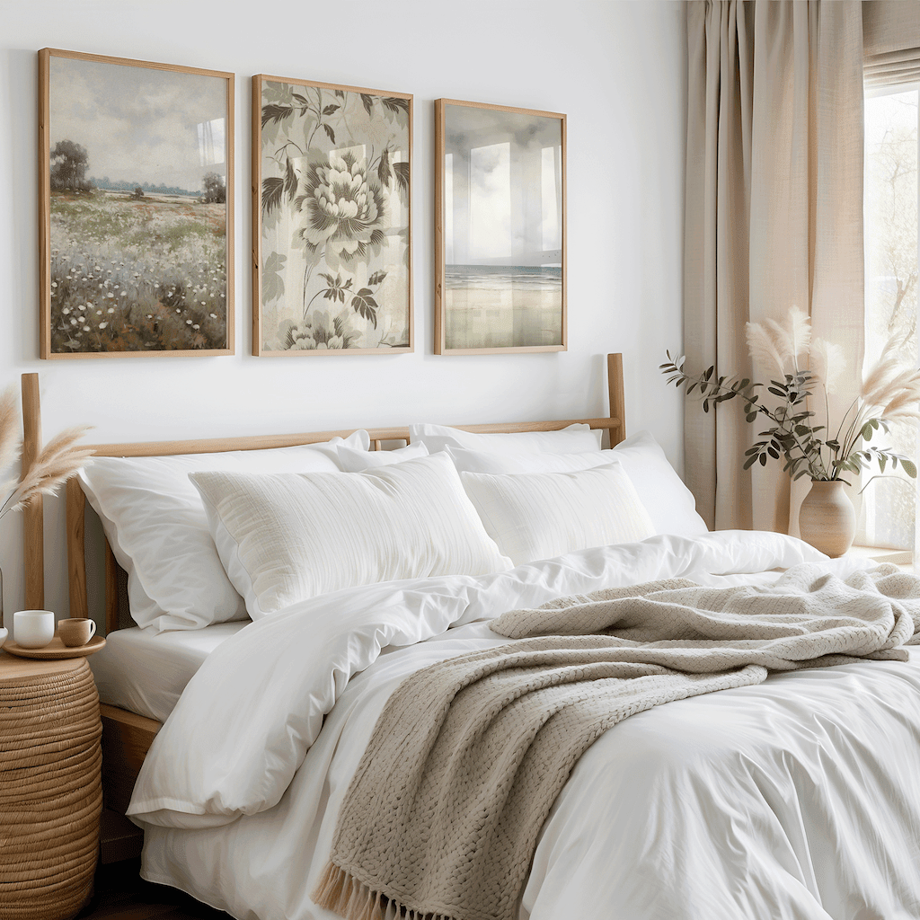 set of 3 vintage nature and botanical wall art prints styled above bed in soft beige and white bedroom with natural lighting