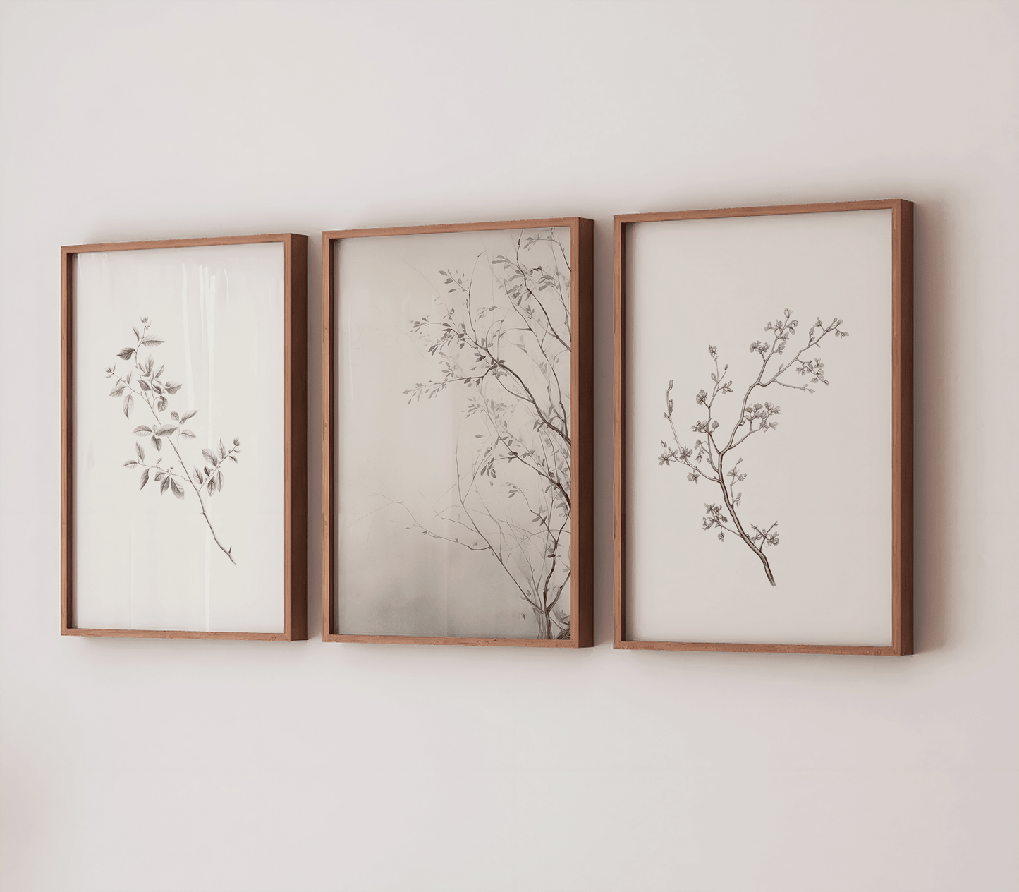 set of three vintage minimal botanical prints of branches with simple floral with wooden frames