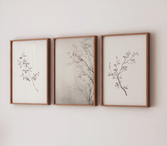 set of three vintage minimal botanical prints of branches with simple floral with wooden frames