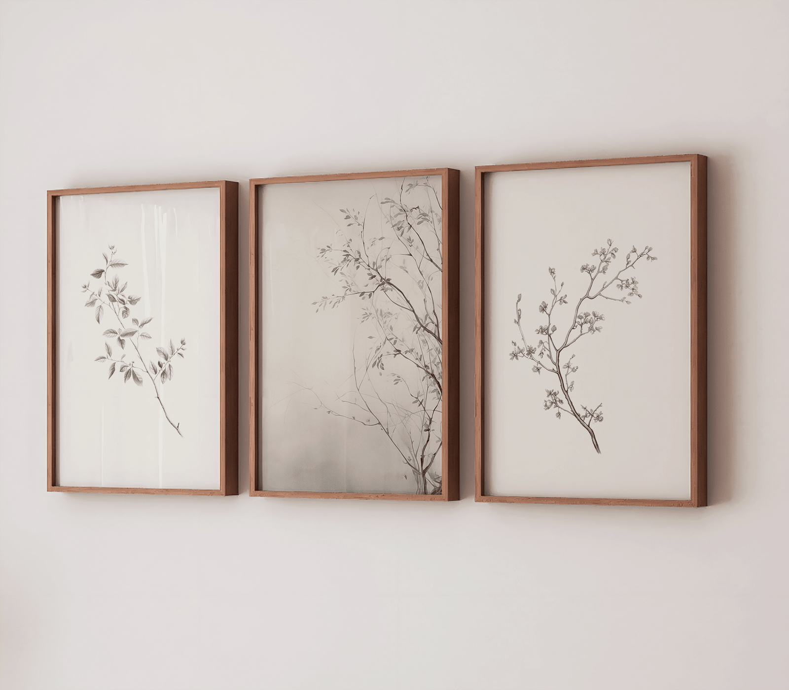 set of three vintage minimal botanical prints of branches with simple floral with wooden frames