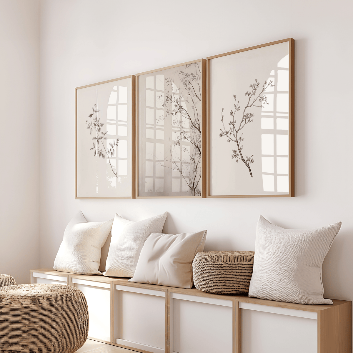 a set of three minimal branch prints for a neutral botanical aesthetic in a white room with wooden accents above a bench