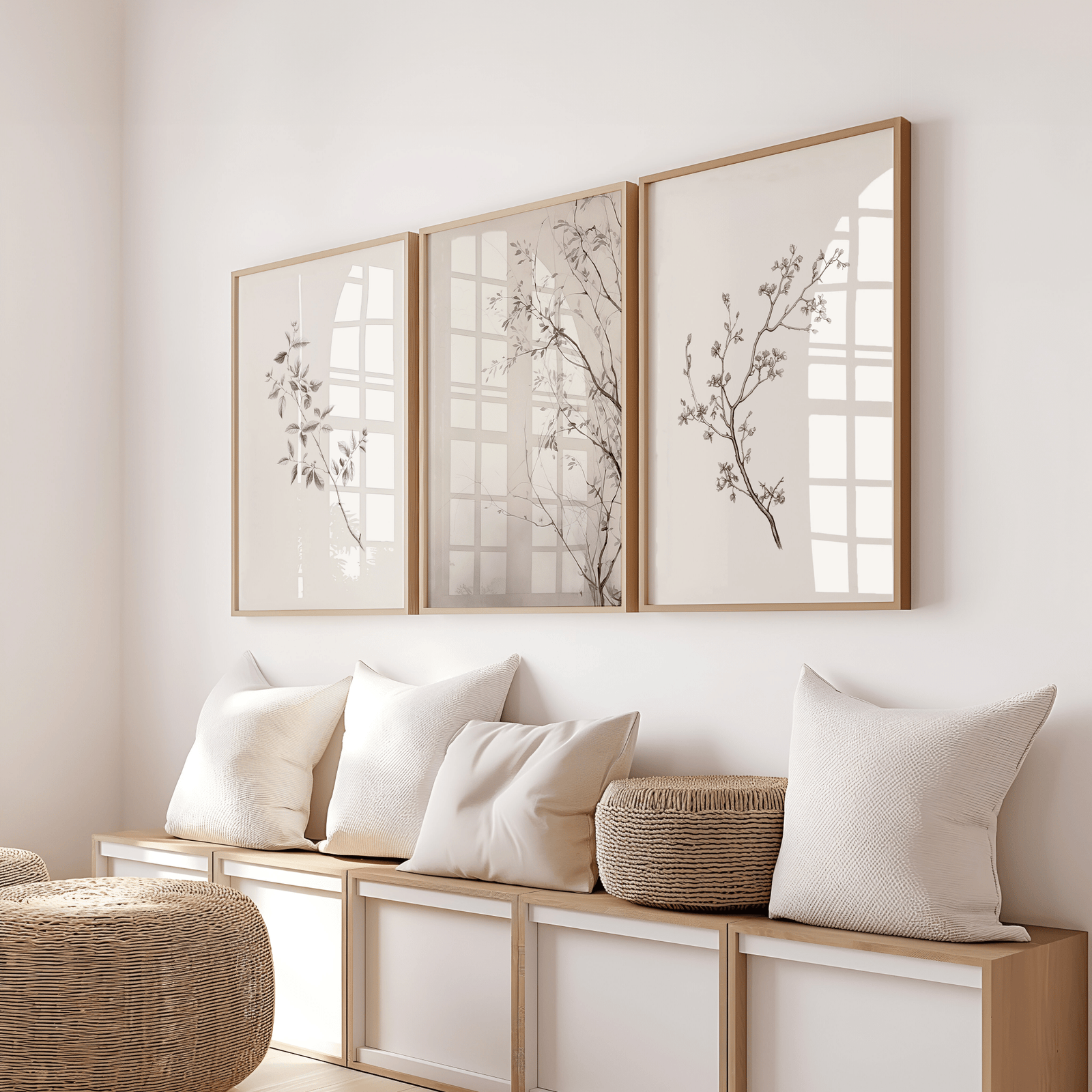 a set of three minimal branch prints for a neutral botanical aesthetic in a white room with wooden accents above a bench