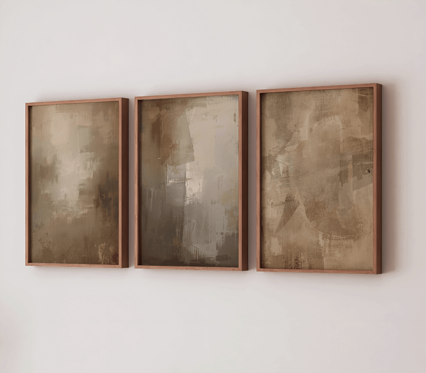 trio of moody brown and earthy beige abstract wall art pieces framed in warm wood, displayed as a modern gallery set for living rooms or dining spaces
