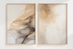 Set of 2 neutral, abstract wall art in neutral beige and gold tones, light wood framed canvas print for living room or dining room