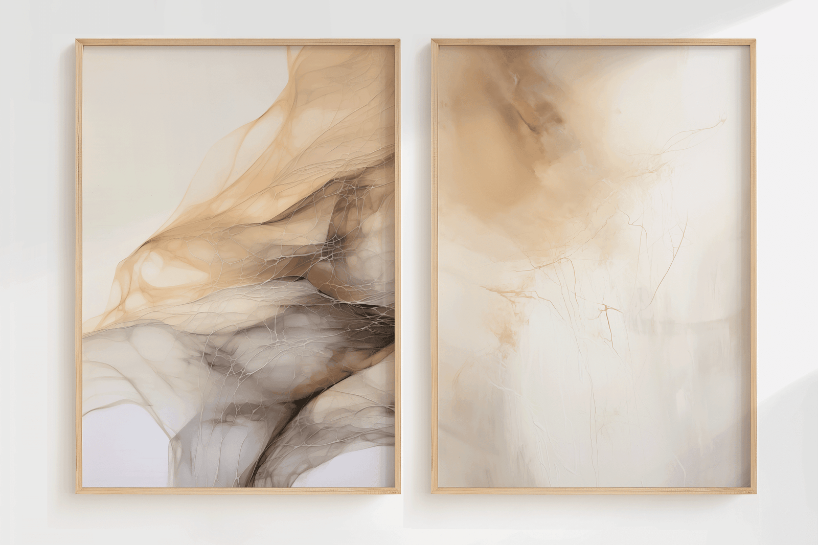 Set of 2 neutral, abstract wall art in neutral beige and gold tones, light wood framed canvas print for living room or dining room