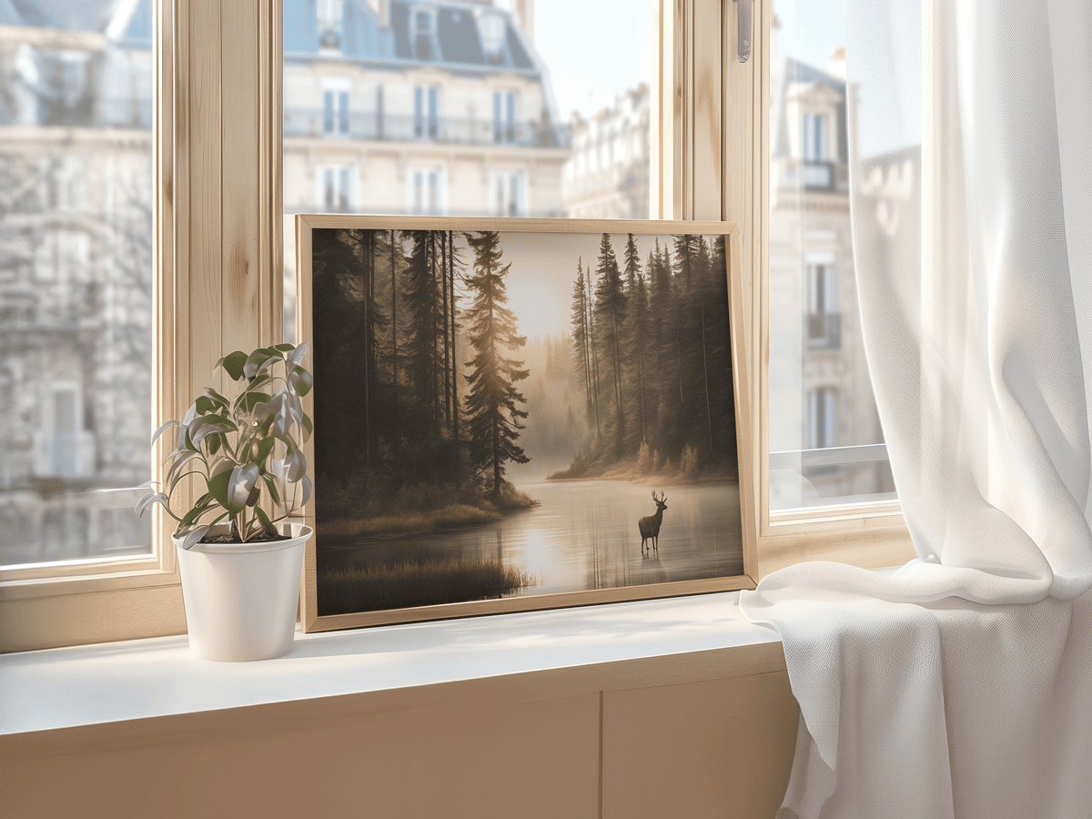 Small framed deer nature wall art print styled on a window ledge with natural light and a potted plant.