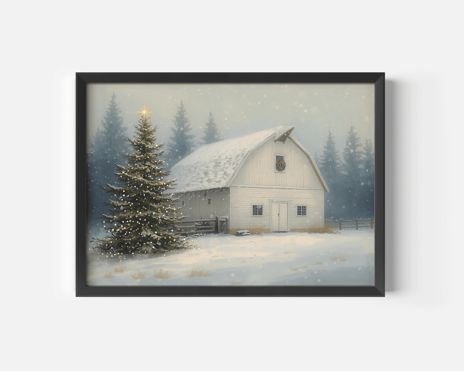 Black framed snowy barn Christmas print featuring a glowing evergreen tree, vintage farmhouse architecture, and soft falling snow — rustic winter artwork for cozy farmhouse holiday interiors