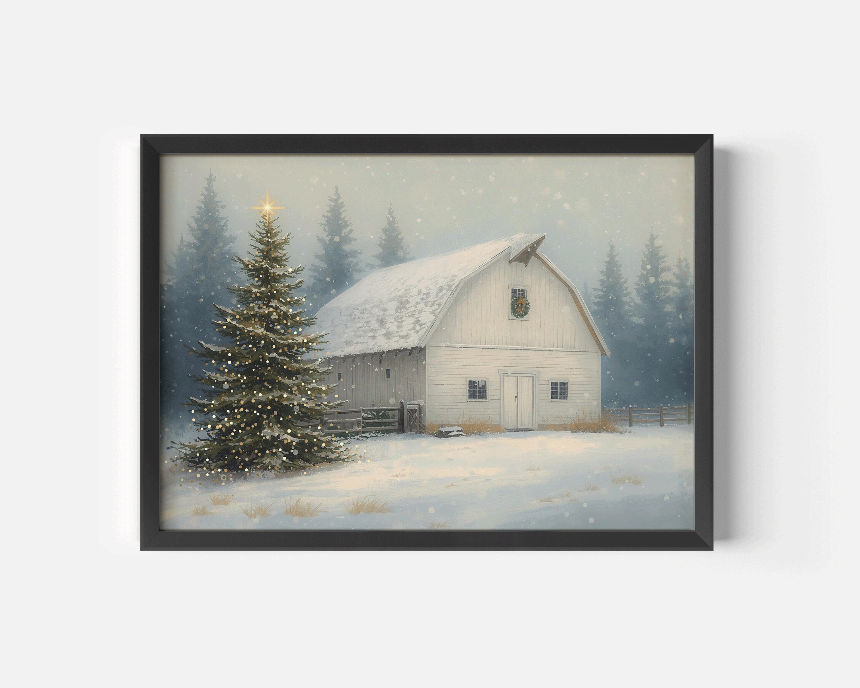 Black framed snowy barn Christmas print featuring a glowing evergreen tree, vintage farmhouse architecture, and soft falling snow — rustic winter artwork for cozy farmhouse holiday interiors