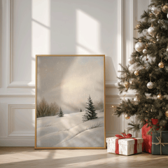 Large framed snowy landscape leaning against a white wall beside wrapped Christmas presents and a decorated Christmas tree