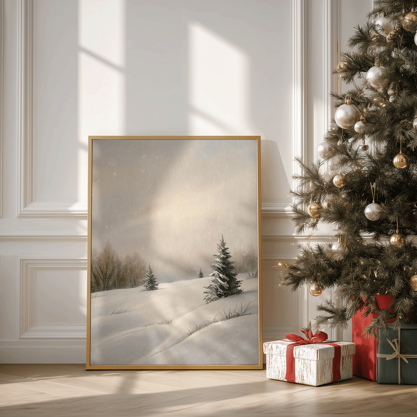 Large framed snowy landscape leaning against a white wall beside wrapped Christmas presents and a decorated Christmas tree