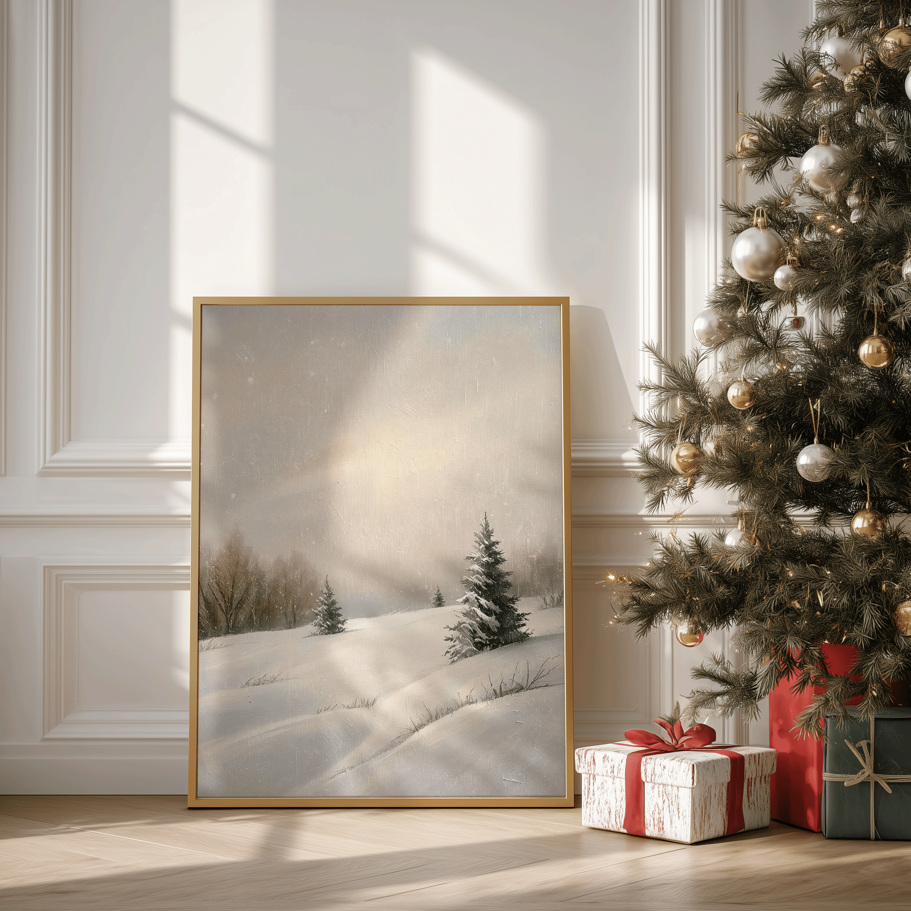 Large framed snowy landscape leaning against a white wall beside wrapped Christmas presents and a decorated Christmas tree