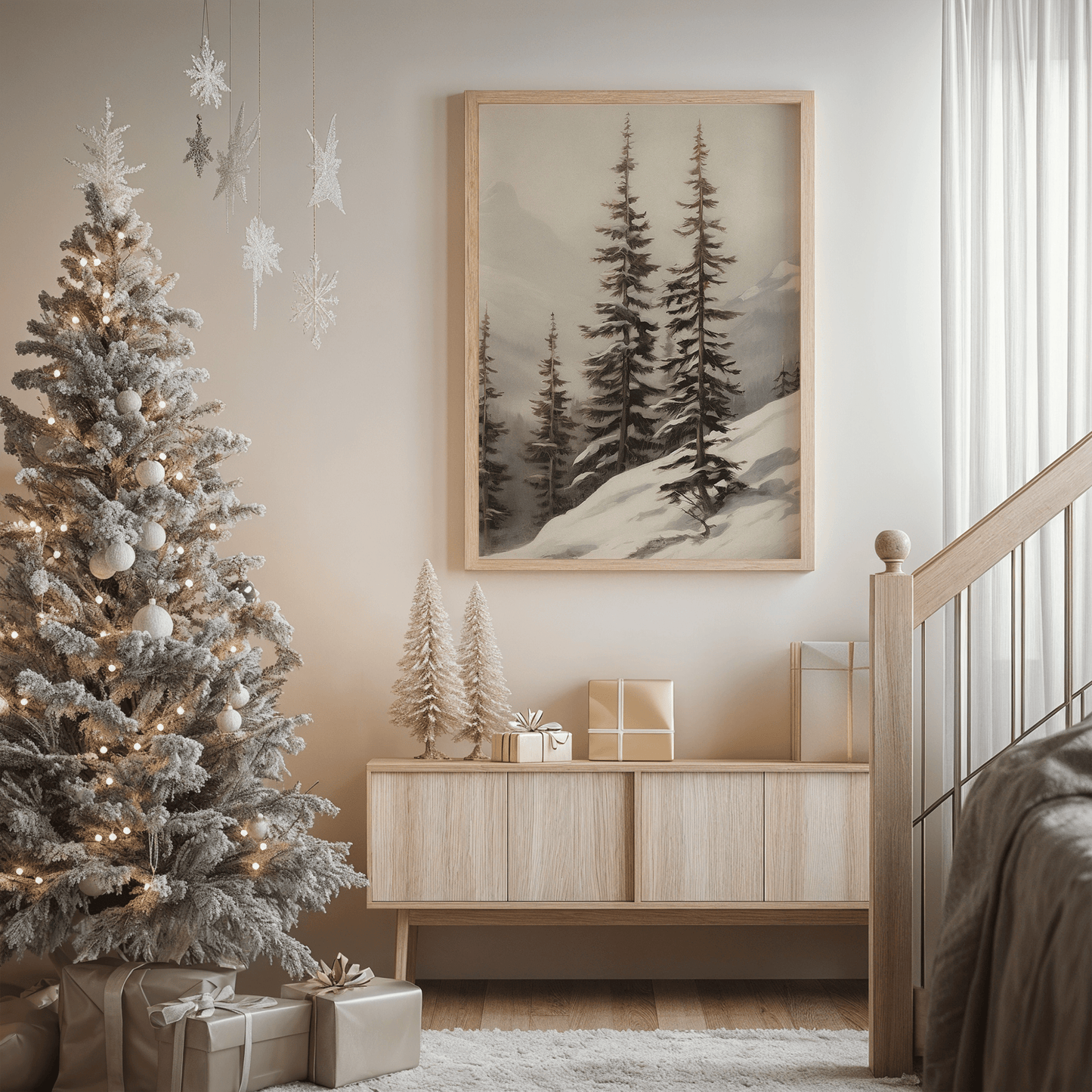 Neutral snowy pine tree landscape print styled next to frosted Christmas tree above a light wood console table, and locked christmas tree and holiday decor accents.