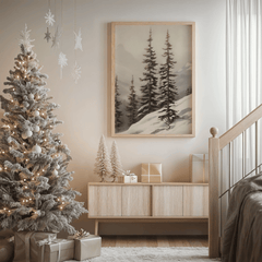 Neutral snowy pine tree landscape print above a light wood console beside a frosted Christmas tree