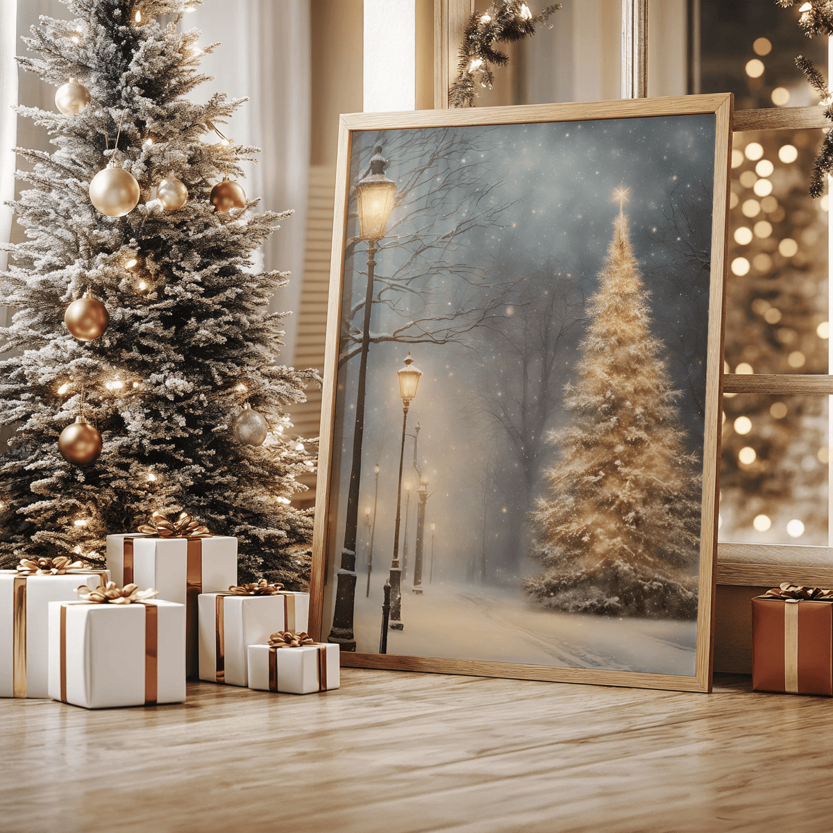 Framed golden Christmas tree print with glowing streetlamps beside a decorated tree with gold ornaments and wrapped gifts