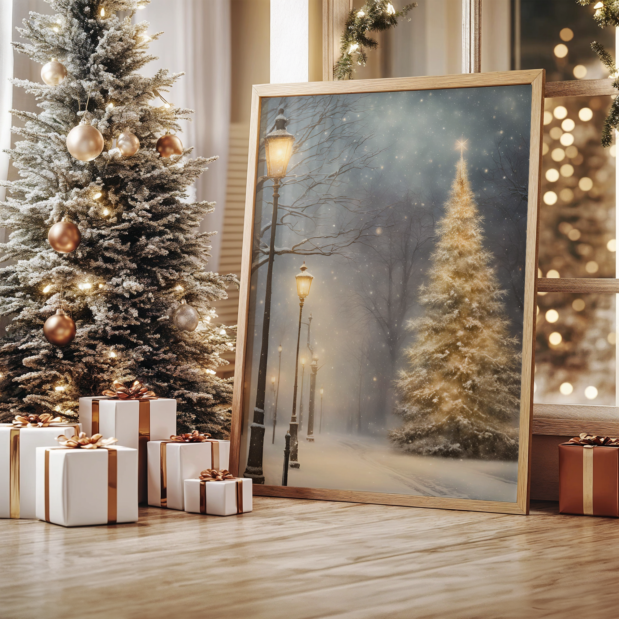 Rustic framed holiday print of a golden-lit Christmas tree and glowing streetlamps, styled against a decorated Christmas tree with gold ornaments and wrapped gifts. Ralph Lauren Christmas holiday wall decor