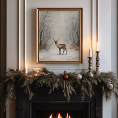 Snowy forest deer print above a holiday fireplace mantel with brass candlesticks and garland