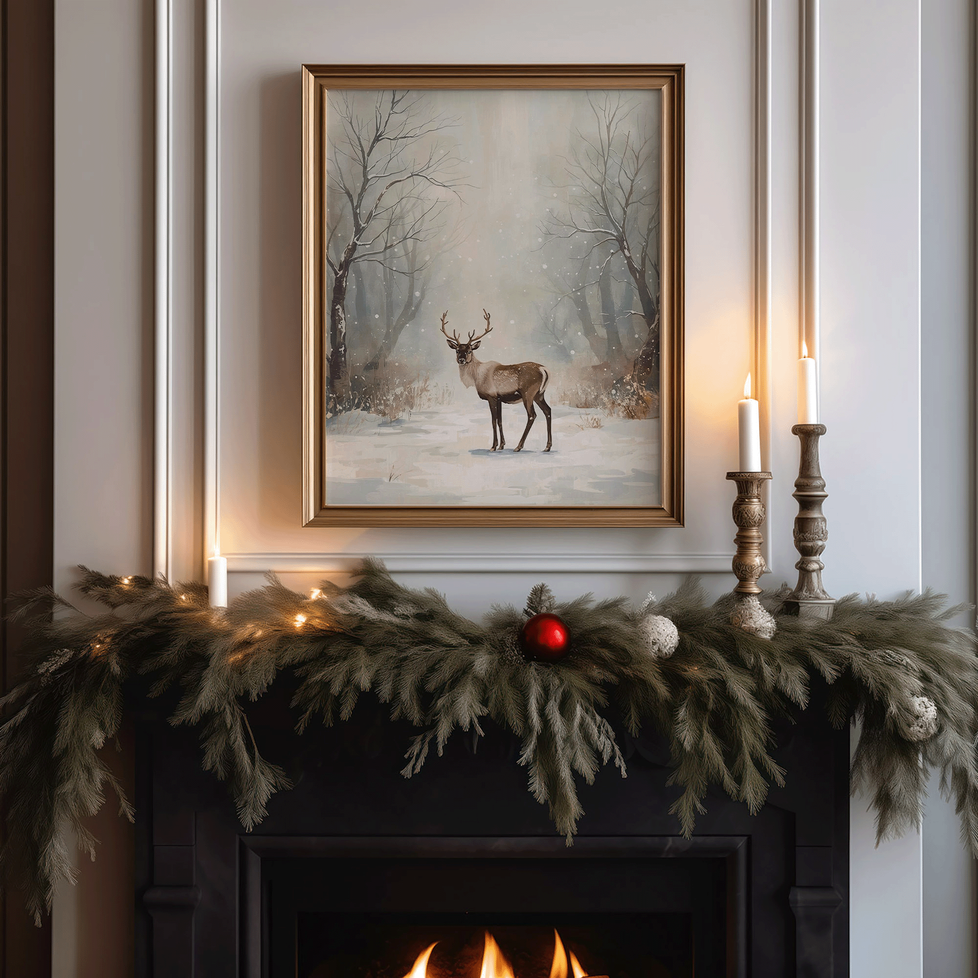 Framed snowy forest deer artwork hanging above a decorated holiday fireplace mantel with vintage brass candlesticks, glowing garland lights, and soft evergreen branches — creating a warm, neutral Christmas atmosphere in a classic winter-inspired living room.