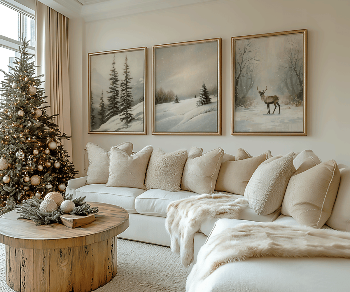 Set of three snowy winter prints with evergreen trees and a warm winter sky in a neutral bedroom