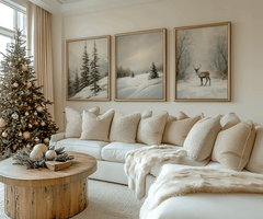 Set of three snowy winter prints with evergreen trees and a warm winter sky in a neutral bedroom