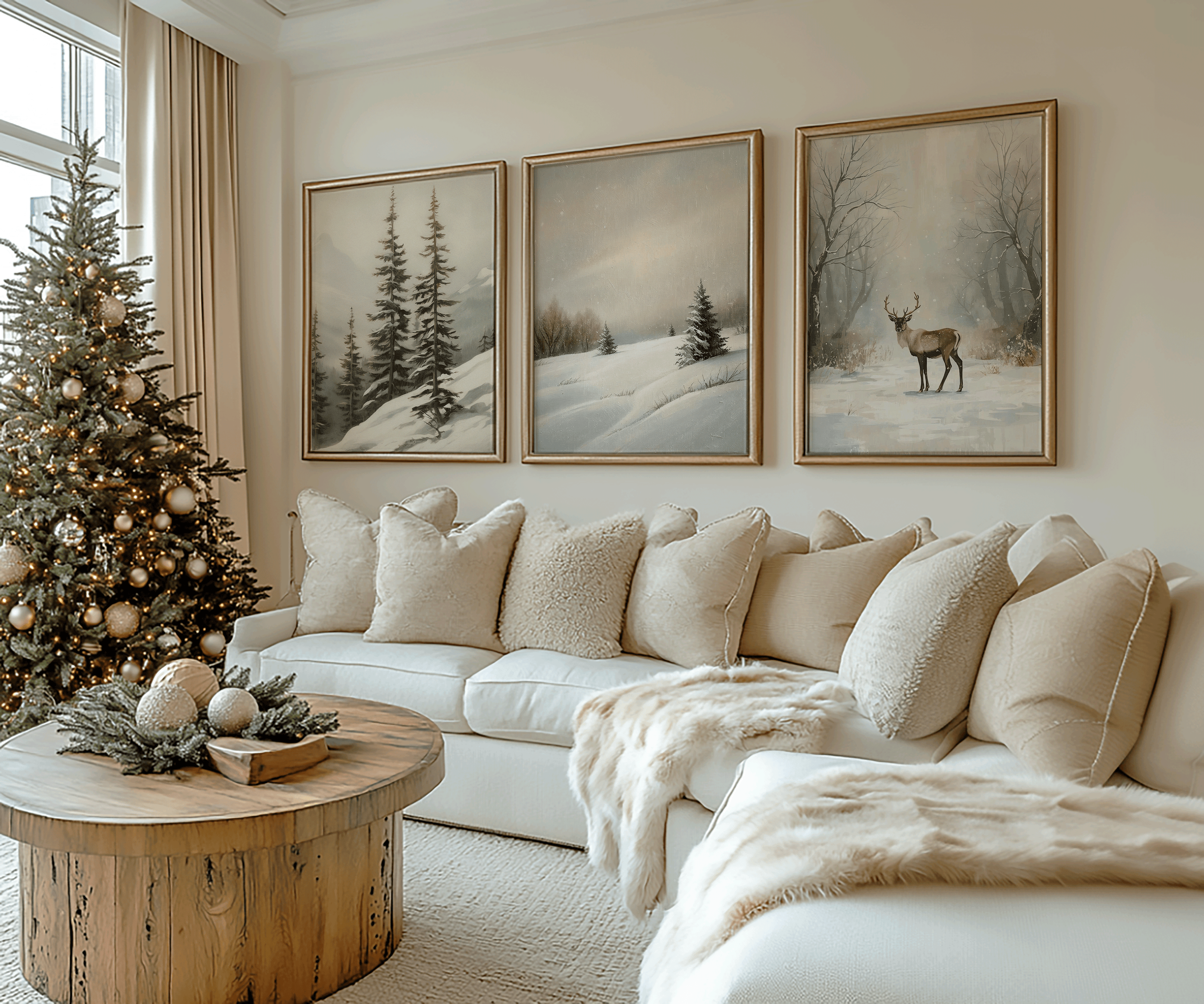 Set of three snow-covered winters scenes featuring evergreen trees, warm atmospheric winter sky, and textured oil-painting details, ideal for neutral Christmas home decor in bedrooms or dining rooms