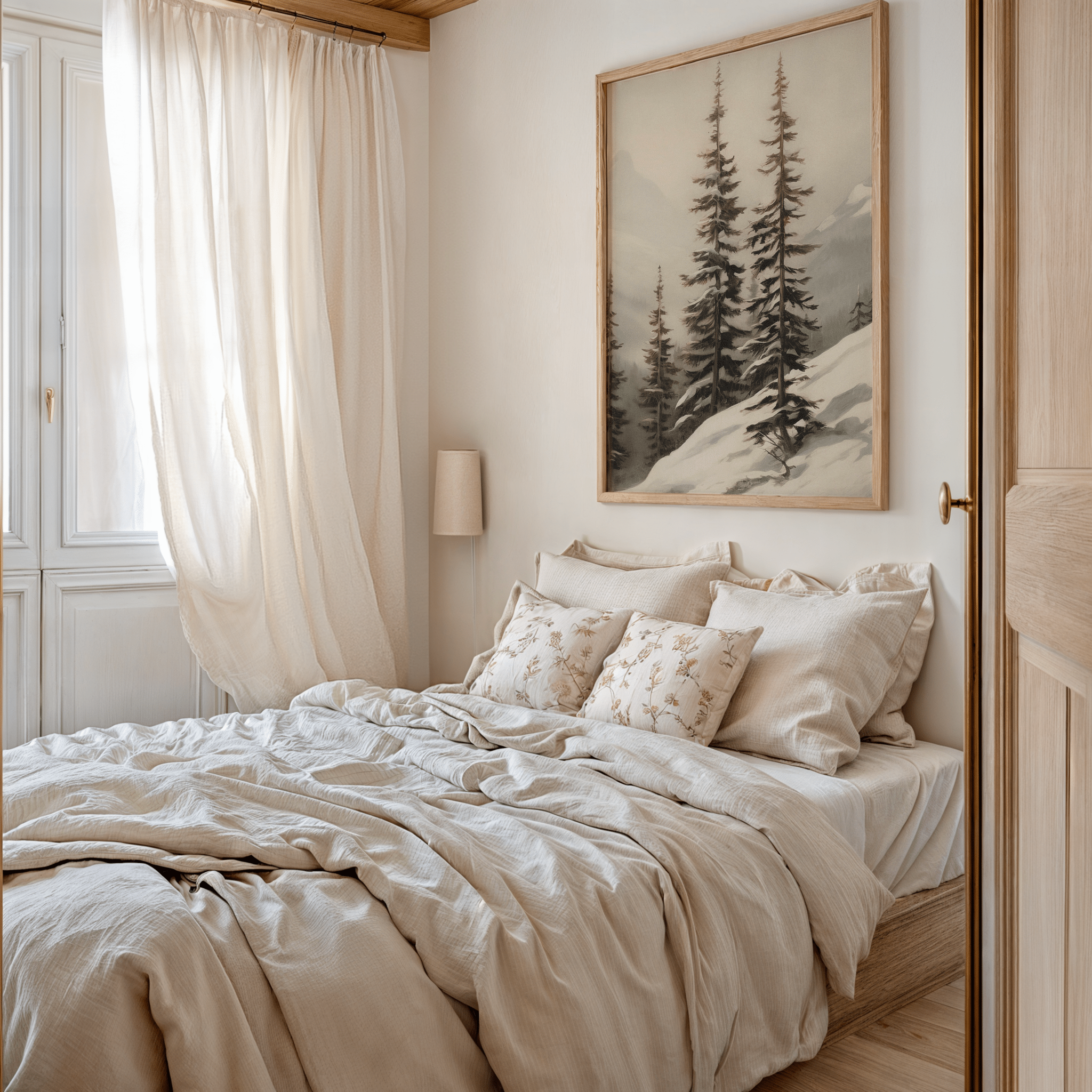 Neutral snowy mountain and pine tree artwork styled above cozy Scandinavian bedroom bed with beige linens