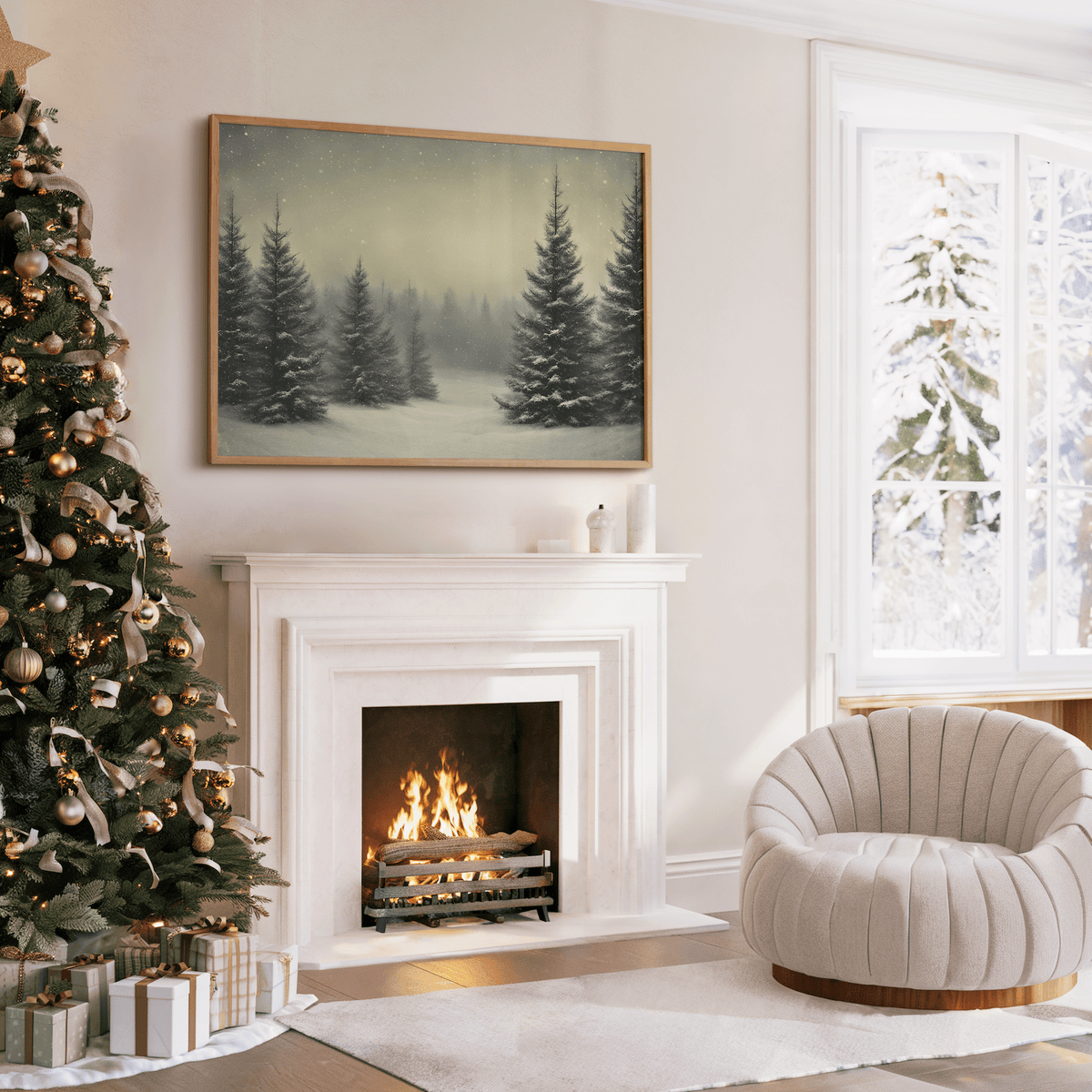 Snowy pine forest print in a wood frame above a white fireplace beside a decorated Christmas tree and wrapped gifts