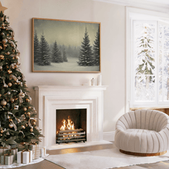 Snowy pine forest print in a wood frame above a white fireplace beside a decorated Christmas tree and wrapped gifts