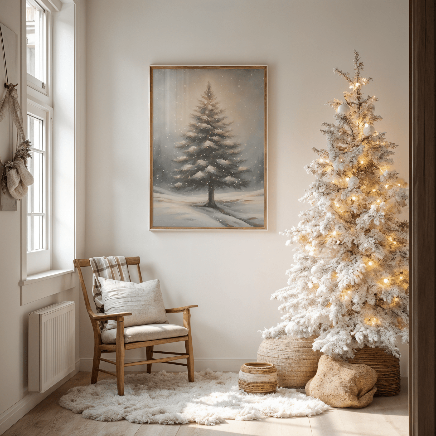 Framed snowy pine tree wall art hanging above a wooden chair with neutral cushions beside a white frosted Christmas tree decorated with golden ornaments, creating a calm winter living room scene.