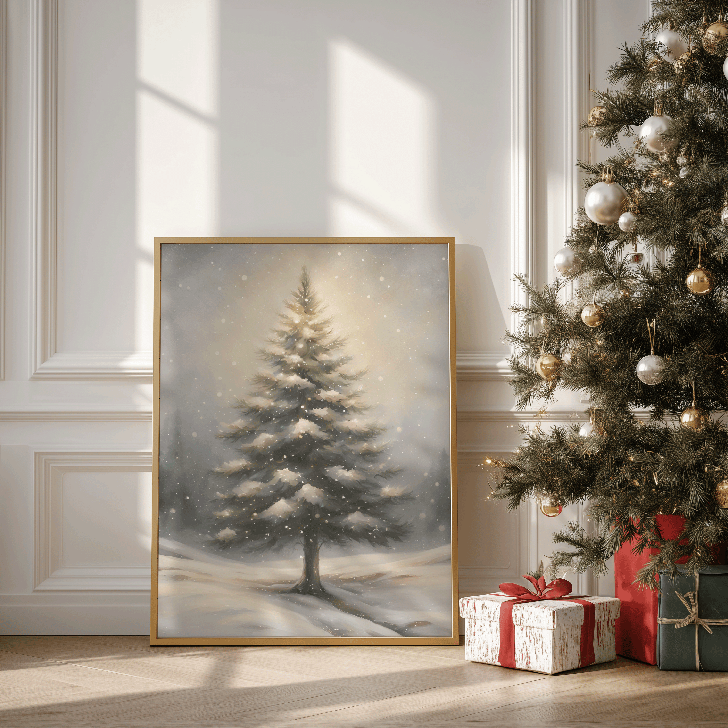 Framed snowy pine tree wall art leaning against a white paneled wall beside a decorated Christmas tree with gold ornaments and wrapped holiday presents on a sunlit wooden floor.