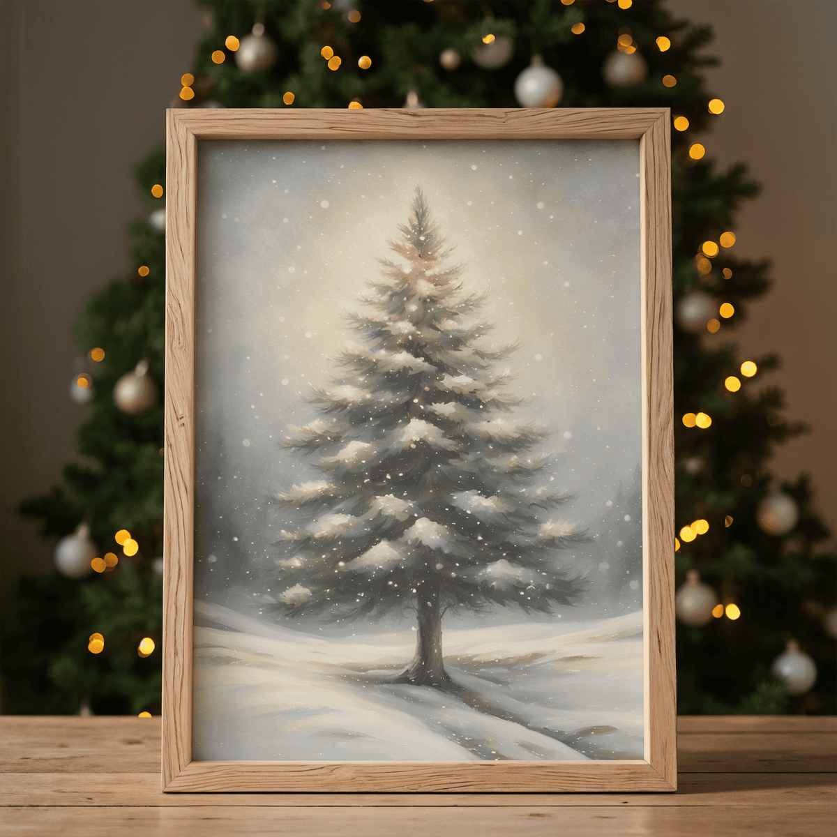 Framed snowy pine tree wall art resting on a wooden table with a blurred Christmas tree and golden holiday lights in the background, featuring a snow-covered pine and soft neutral tones.