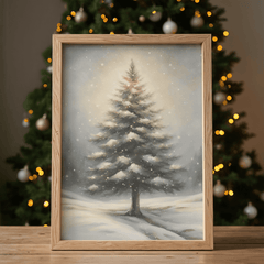 Framed snowy pine tree wall art resting on a wooden table with a blurred Christmas tree and golden holiday lights in the background, featuring a snow-covered pine and soft neutral tones.