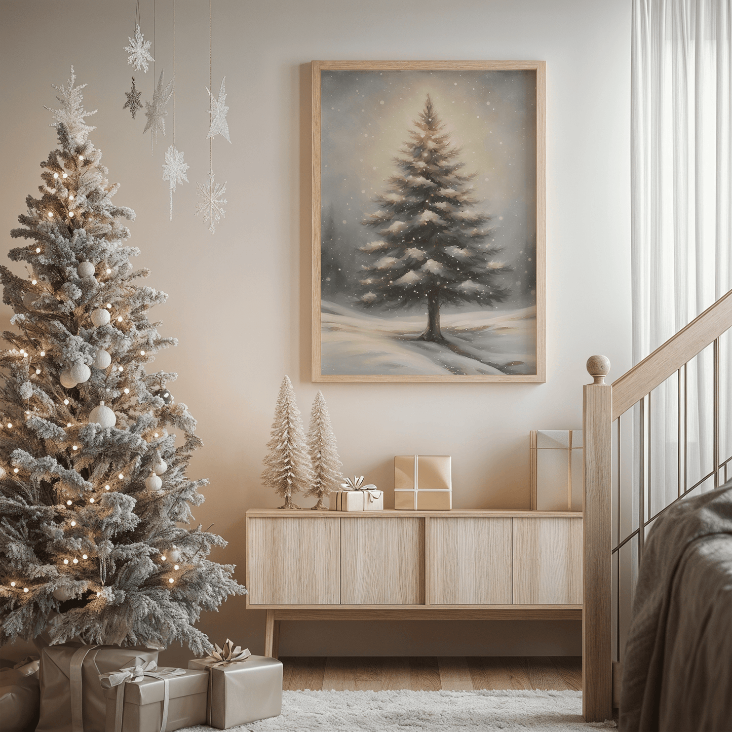 Framed snowy pine tree wall art hanging above a light wood console beside a white frosted Christmas tree decorated with ornaments, wrapped gifts, and soft neutral holiday accents in a cozy living room.