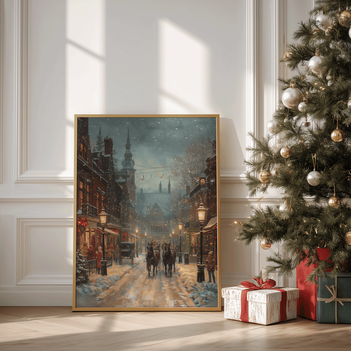 Gold-framed vintage Christmas village artwork leaning against a wall next to a decorated Christmas tree and wrapped gifts, featuring a snowy winter street, glowing storefronts, and a horse-drawn carriage under twinkling fairy lights.
