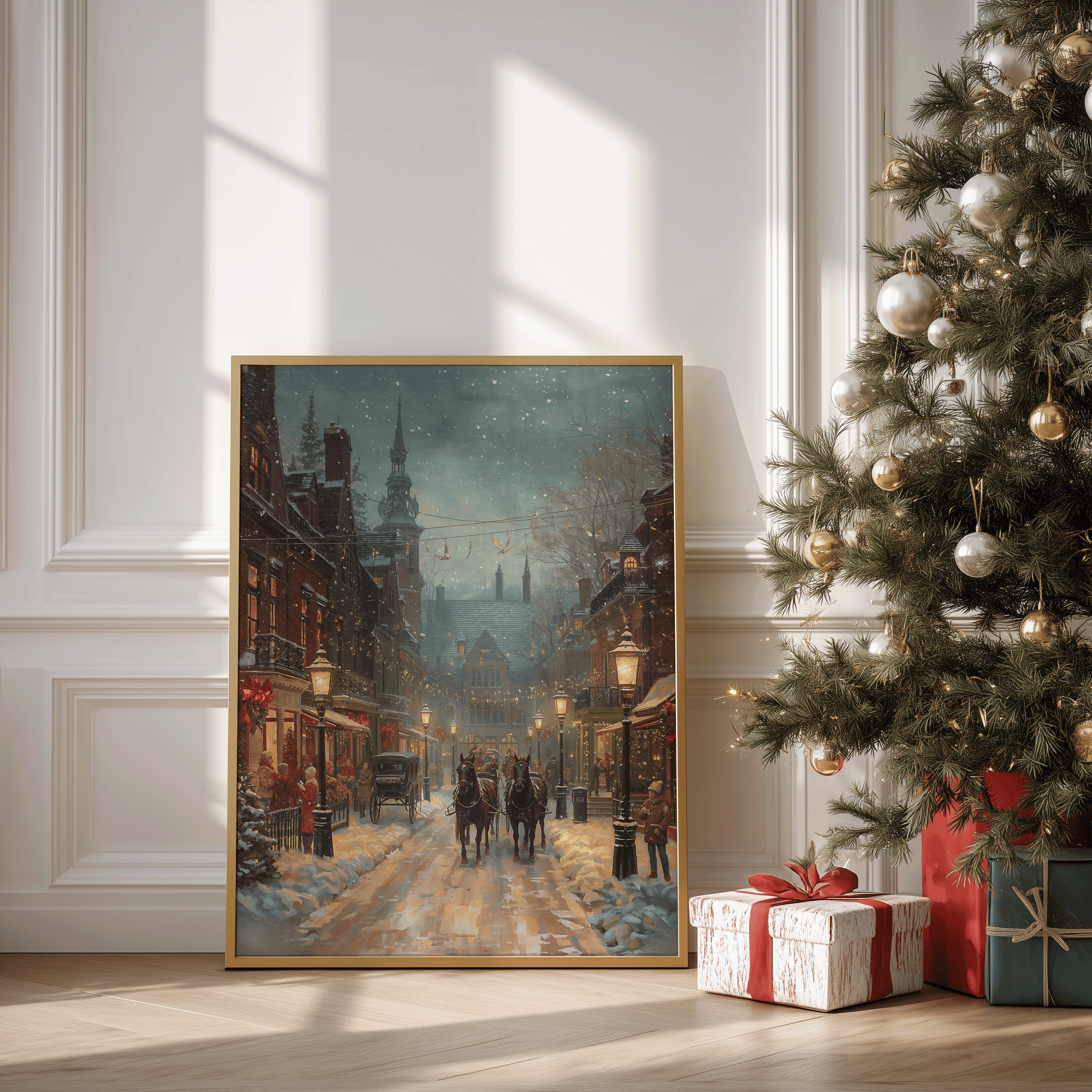 Gold-framed vintage Christmas village artwork leaning against a wall next to a decorated Christmas tree and wrapped gifts, featuring a snowy winter street, glowing storefronts, and a horse-drawn carriage under twinkling fairy lights.