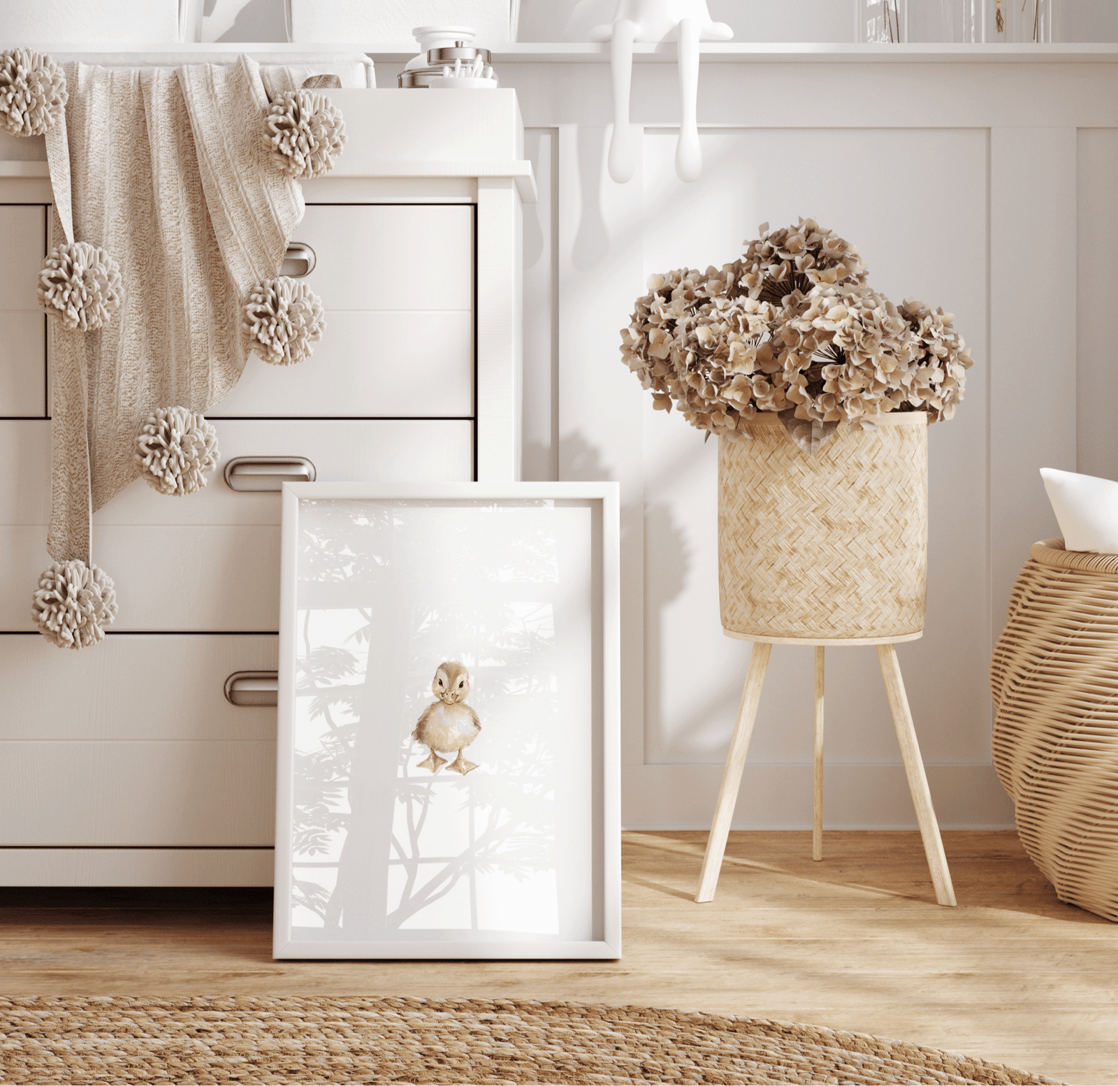 Soft neutral watercolor duckling canvas print in a neutral blush pink nursery, minimalist nursery wall art for baby shower or newborn gift