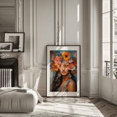 South Asian feminine wall art print with a black frame featuring an Indian woman with a bright flower head crown covering her eyes, and soft pastel blue background. A contemporary funky art print as a splash of boldness and color in a modern living room next to a fireplace.