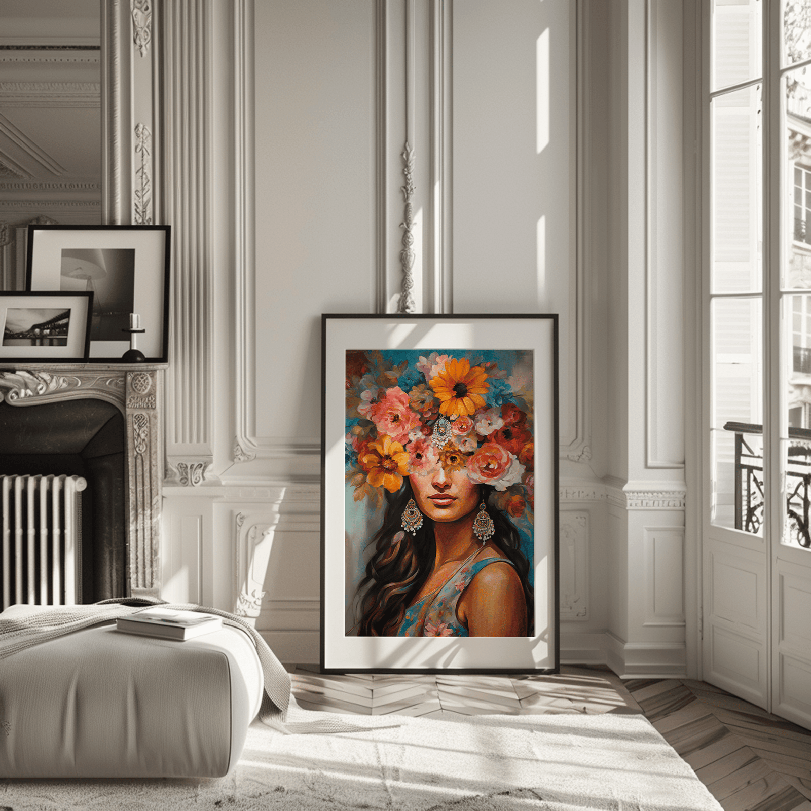 South Asian feminine wall art print with a black frame featuring an Indian woman with a bright flower head crown covering her eyes, and soft pastel blue background. A contemporary funky art print as a splash of boldness and color in a modern living room next to a fireplace.