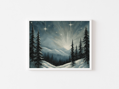 Framed starry winter night Christmas wall art print with snowy mountain landscape, pine trees, and glowing stars, shown in a white frame on a neutral background.