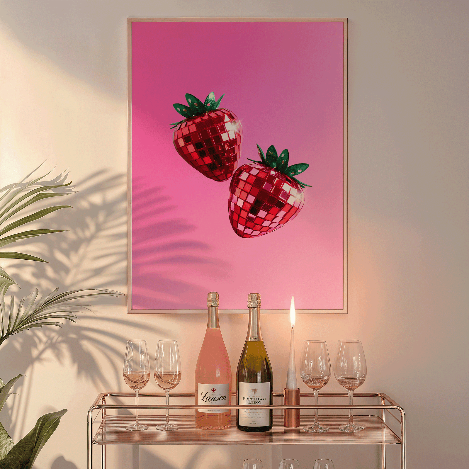 Strawberry disco ball print in a natural frame above a glass bar cart with wine bottles and a candle