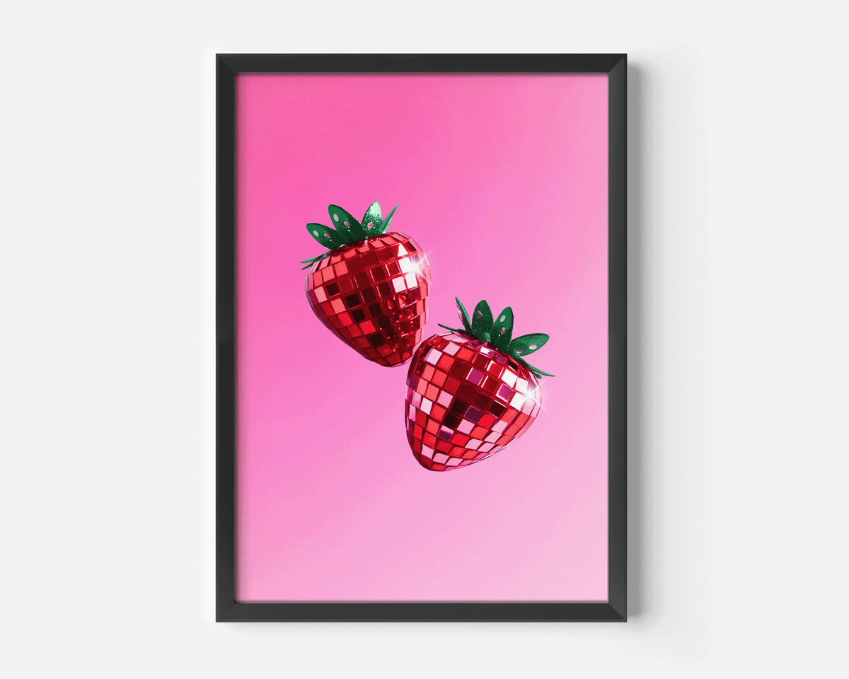Strawberry disco ball print with two mirror-ball strawberries on hot pink in a black frame