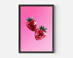 Strawberry disco ball print with two mirror-ball strawberries on hot pink in a black frame