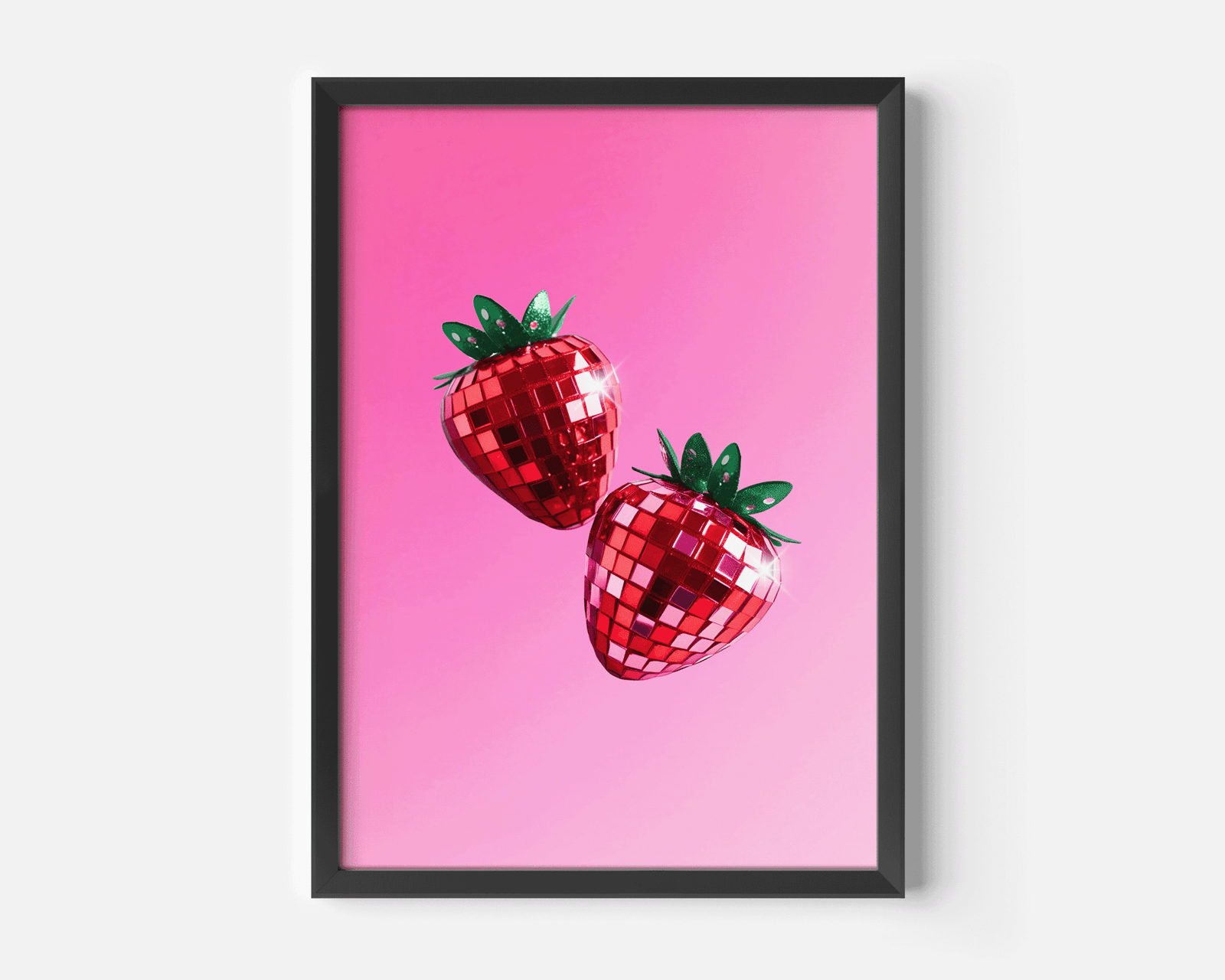 Strawberry disco ball print with two mirror-ball strawberries on hot pink in a black frame