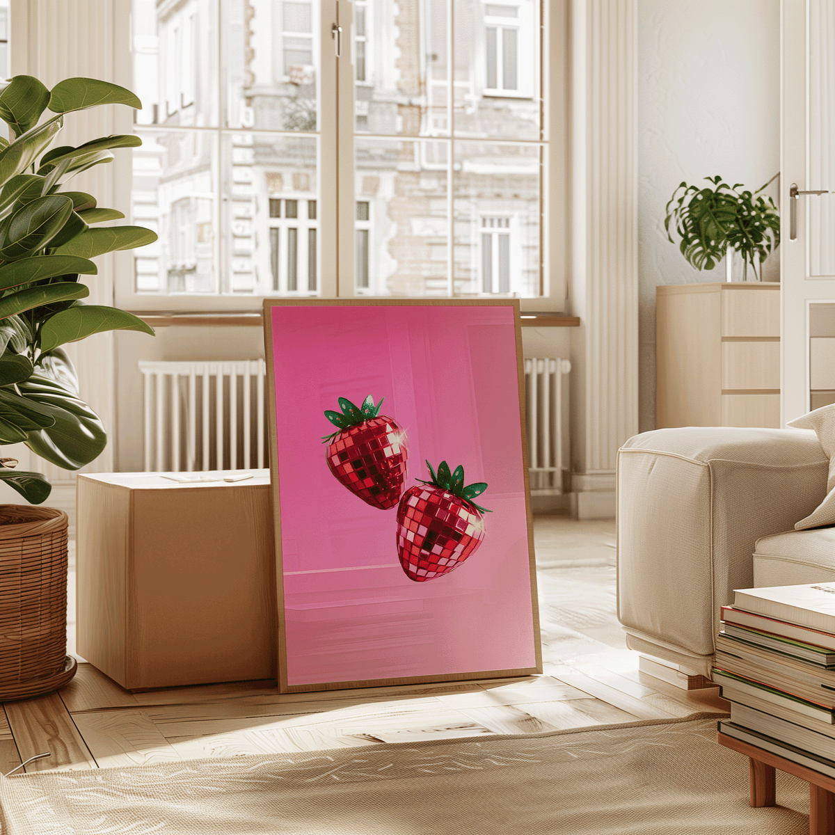 Strawberry disco print in a natural frame leaning in a sunny living room with plants and a cream armchair