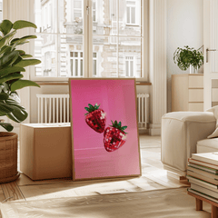 Strawberry disco print in a natural frame leaning in a sunny living room with plants and a cream armchair