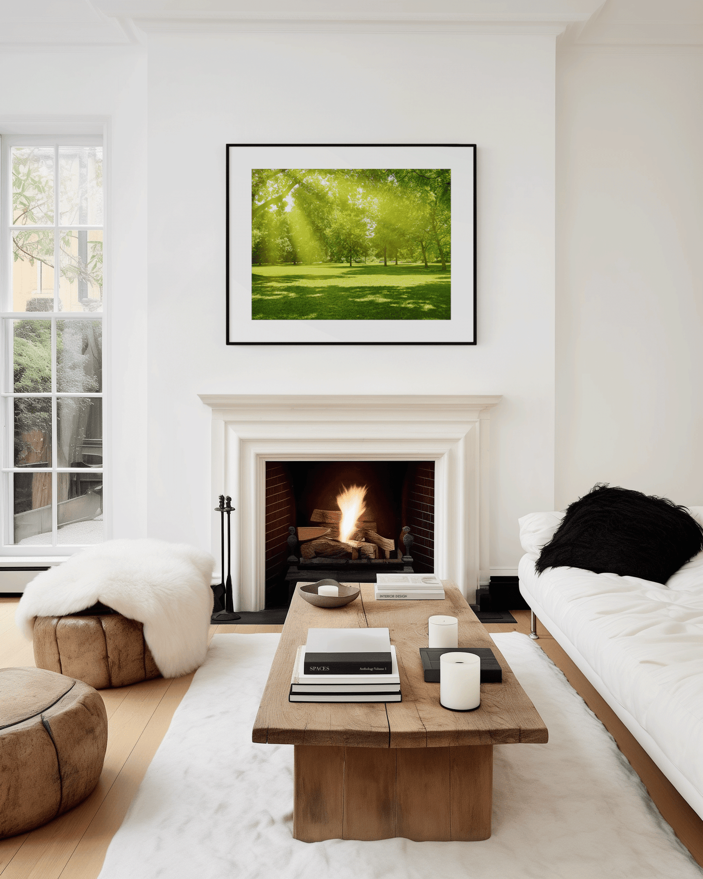 Framed forest sunlight print above fireplace in bright minimalist living room, nature wall decor with sunbeams filtering through green trees for calming organic home style