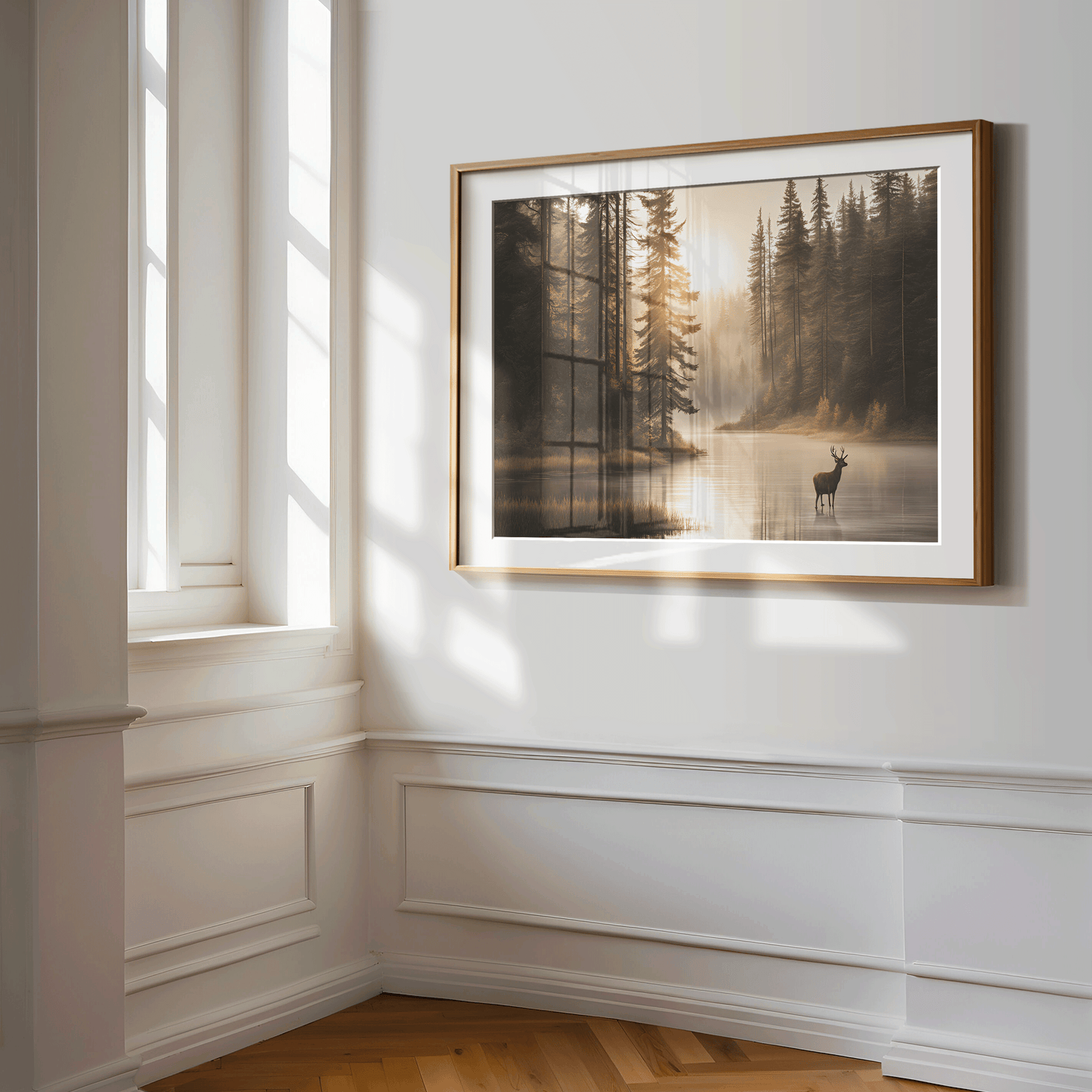 Deer by the lake forest wall art in a gold frame, styled in a bright sunlit corner with white paneled walls.