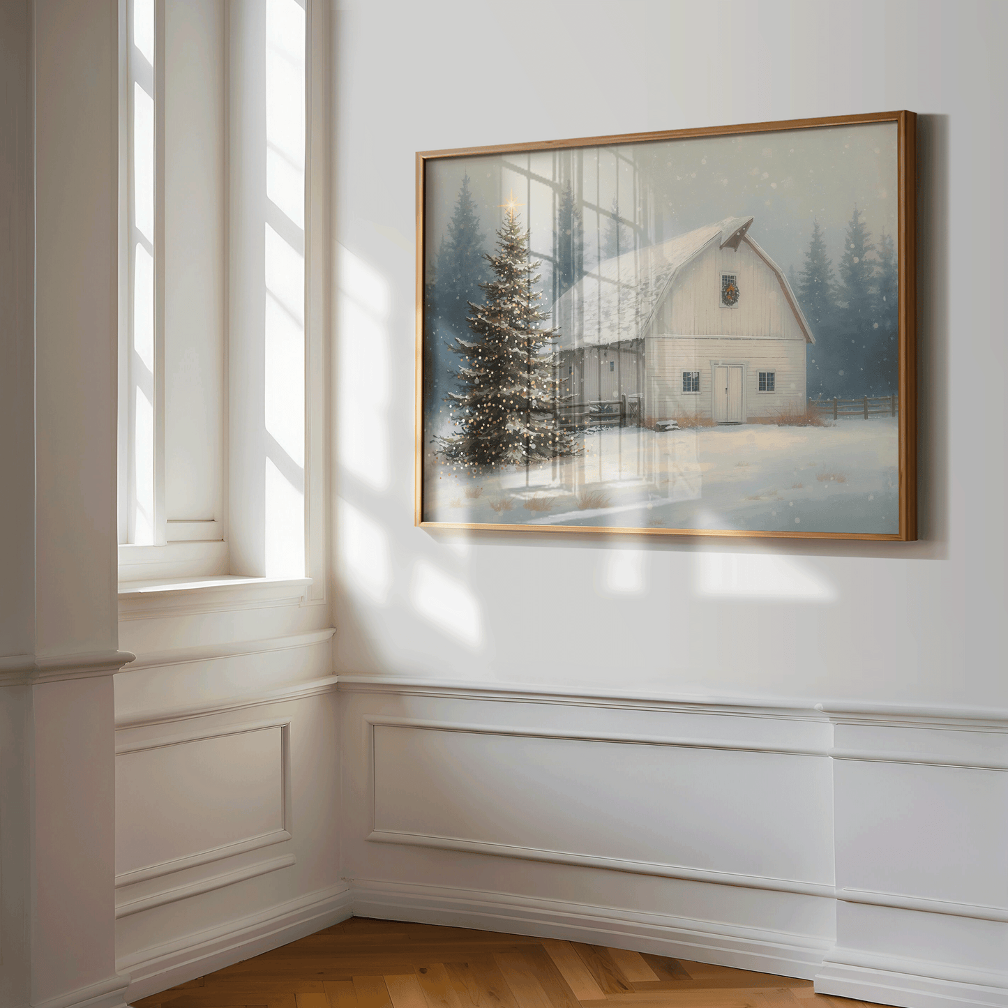 Elegant gold-framed vintage snowy barn Christmas art featuring soft winter fog, twinkling tree lights, and classic farmhouse charm — refined holiday wall décor for traditional homes