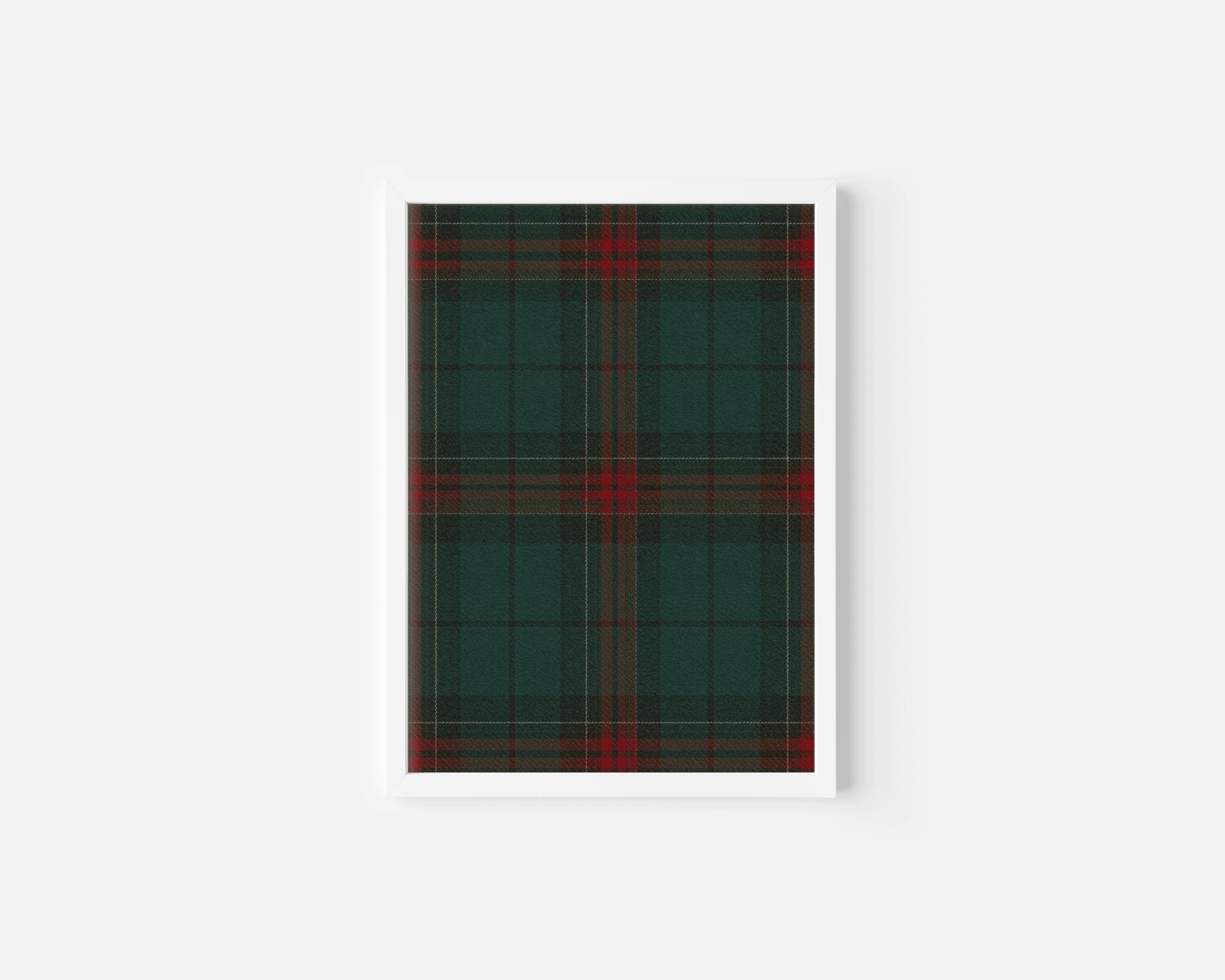 Minimalist white-framed tartan plaid wall art print, Ralph Lauren-inspired Christmas decor for modern seasonal home styling
