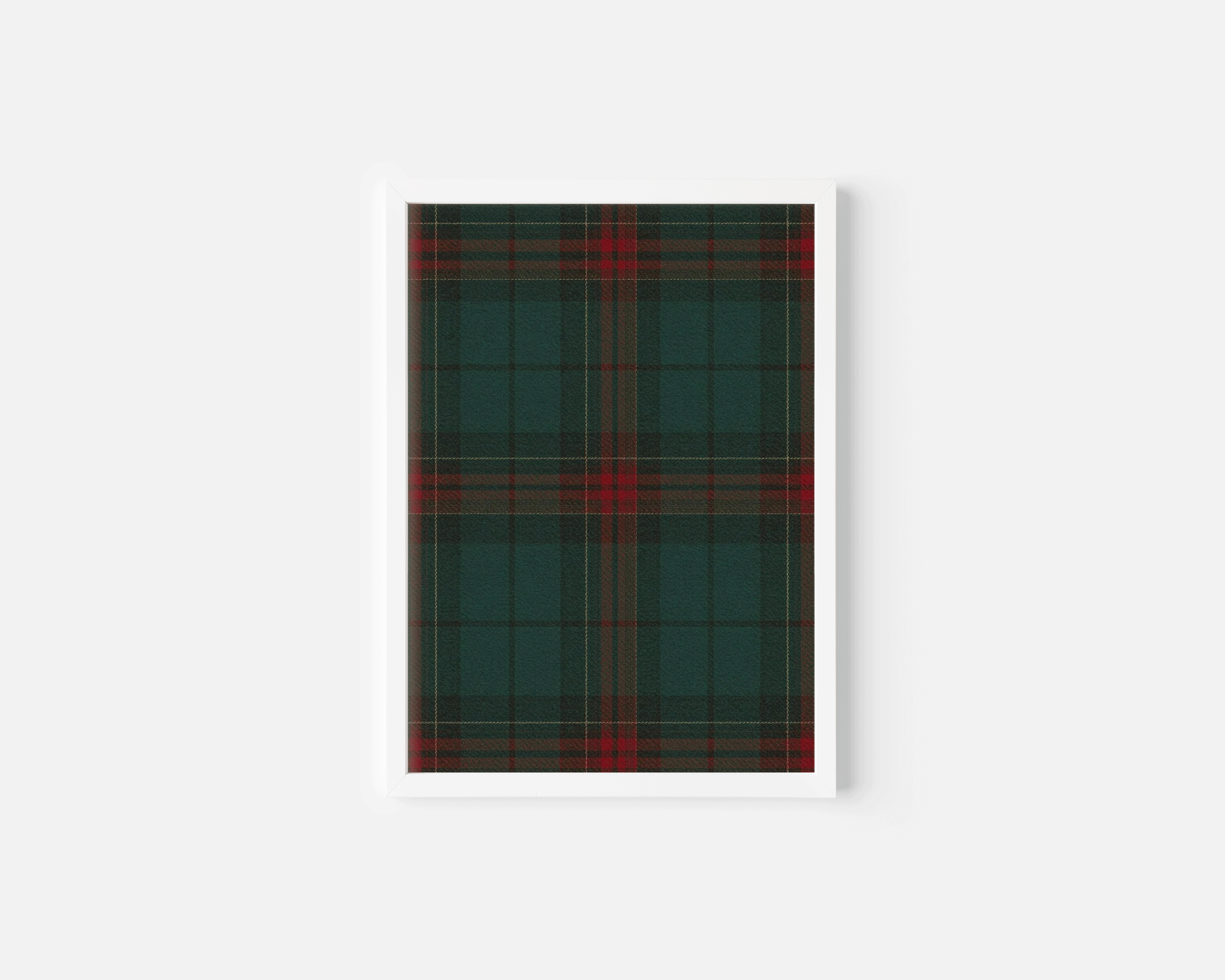 Minimalist white-framed tartan plaid wall art print, Ralph Lauren-inspired Christmas decor for modern seasonal home styling